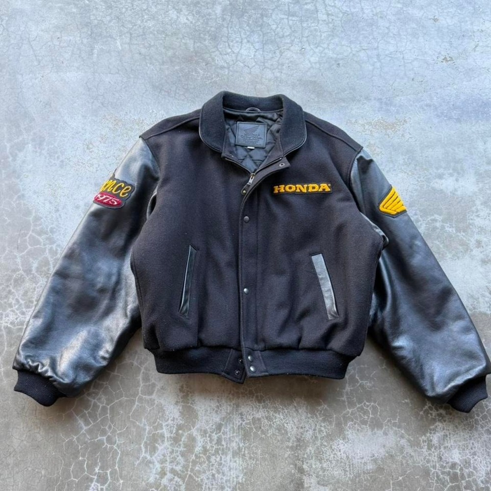 Vintage Genuine Honda Goldwing Black leather and wool varsity bomber jacket